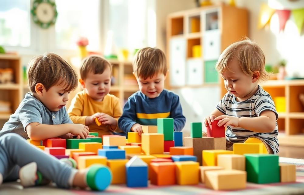 Happy Faces children playing with wooden blocks